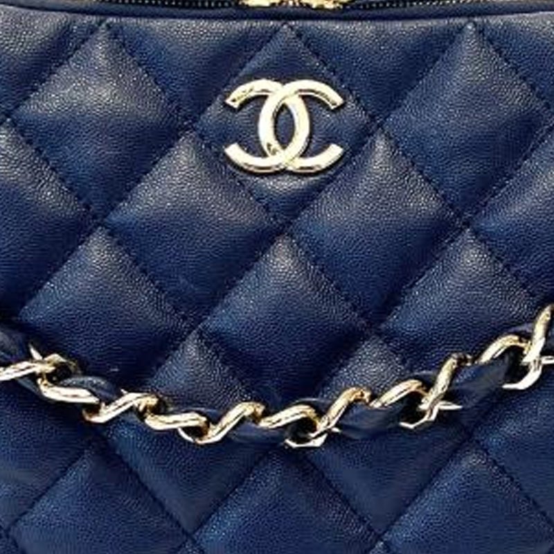 CHANEL Litchi Grain Cow Leather Handbag, Shoulder Bag Large Size Women's Marine Blue