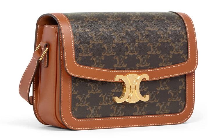 CELINE Triomphe Cow Leather Binding Shoulder Bag, Crossbody Bag Medium Size Unisex Tawny