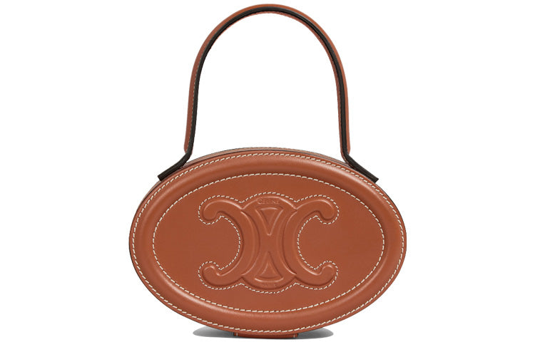 CELINE Cow Leather Makeup Bags Round Cake Pouch Handbags Regular Women's Tawny