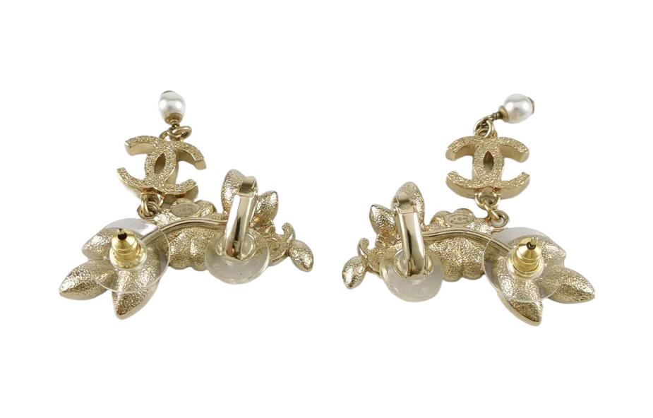 CHANEL Faux Pearl Crystal Earrings Women's Gold