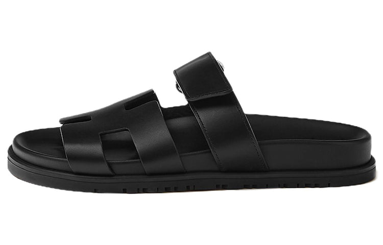 HERMES Chypre Sandal Noir Calfskin Leather Women's