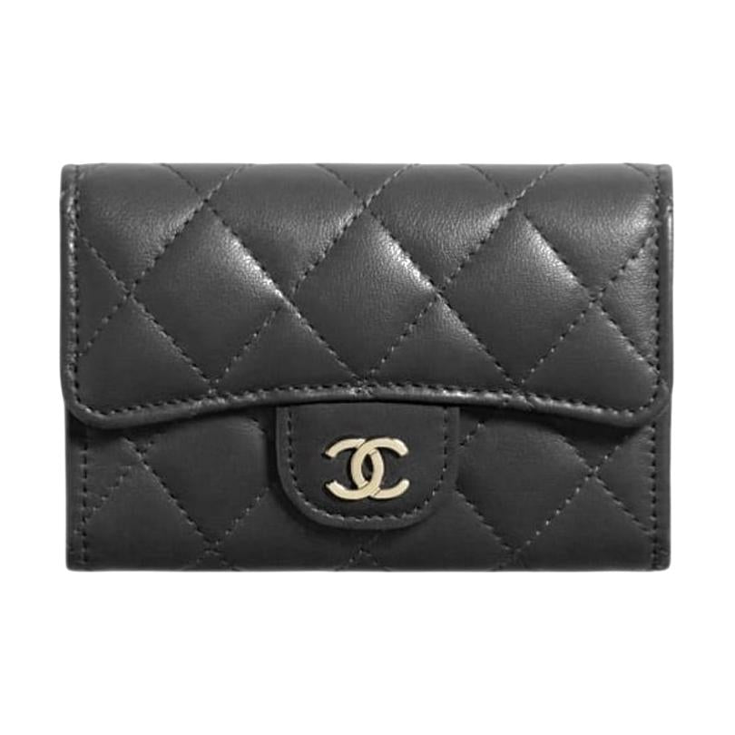 CHANEL Sheepskin Card Holder Women's Dark Gray