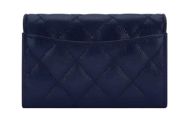 CHANEL Grain Cow Leather Card Holder Women's Marine Blue