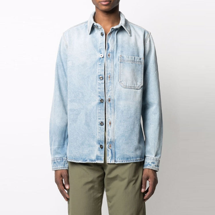 Men's Off-White SS21 Lapel Buckle Long Sleeves Blue Shirt OMYD027F21DEN0034001