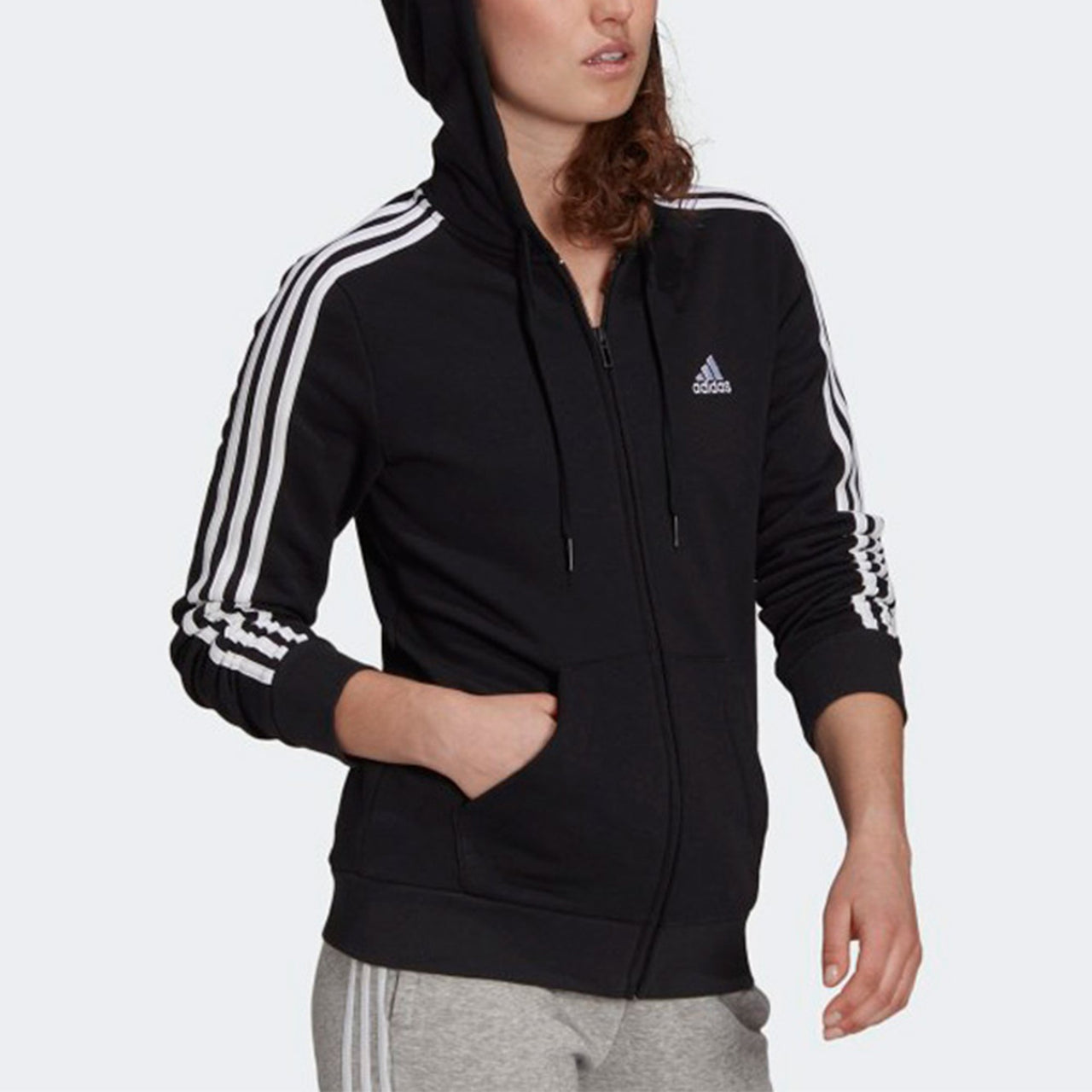 (WMNS) adidas Essentials Fleece 3-Stripes Full-Zip Hoodie Asia Sizing 'Black White' GM5567