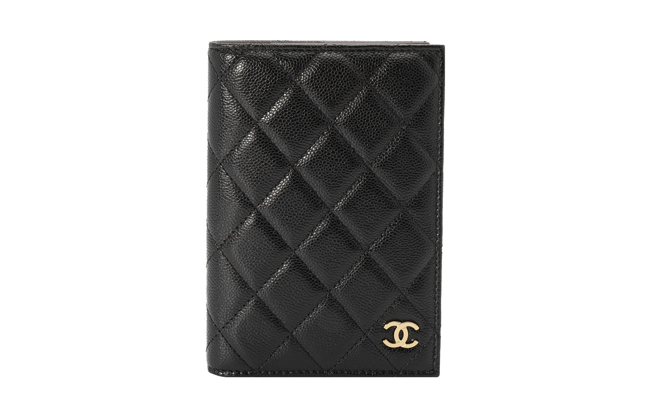 CHANEL Grained Litchi Cow Leather Passport And Card Holder Combo Women's Black