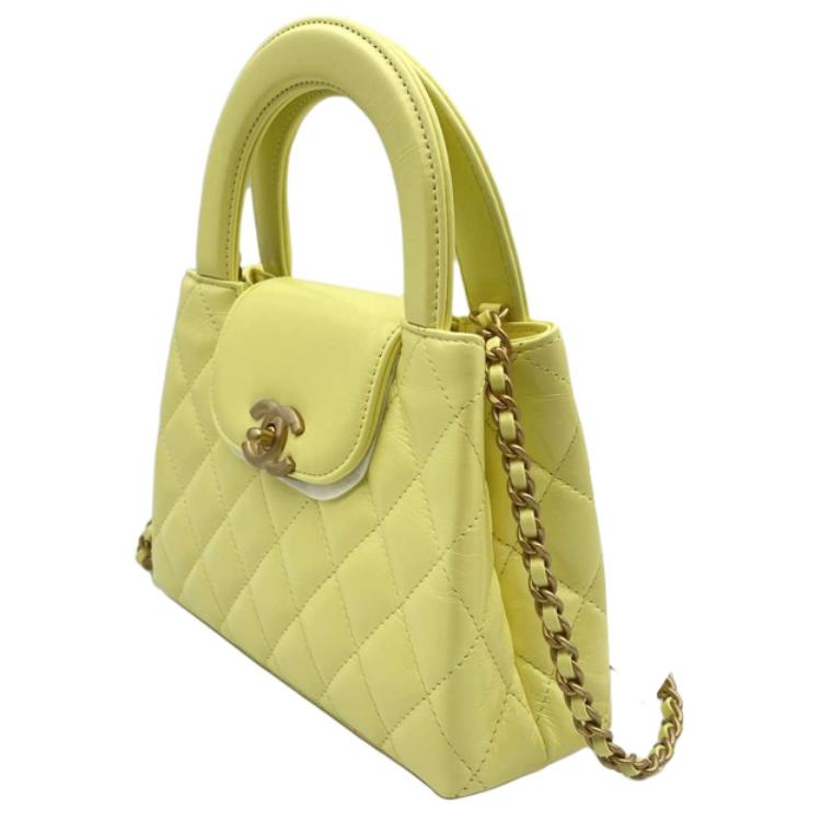 CHANEL Shiny Calfskin Shoulder Bag Crossbody Bag Handbag Mini Women's Yellow