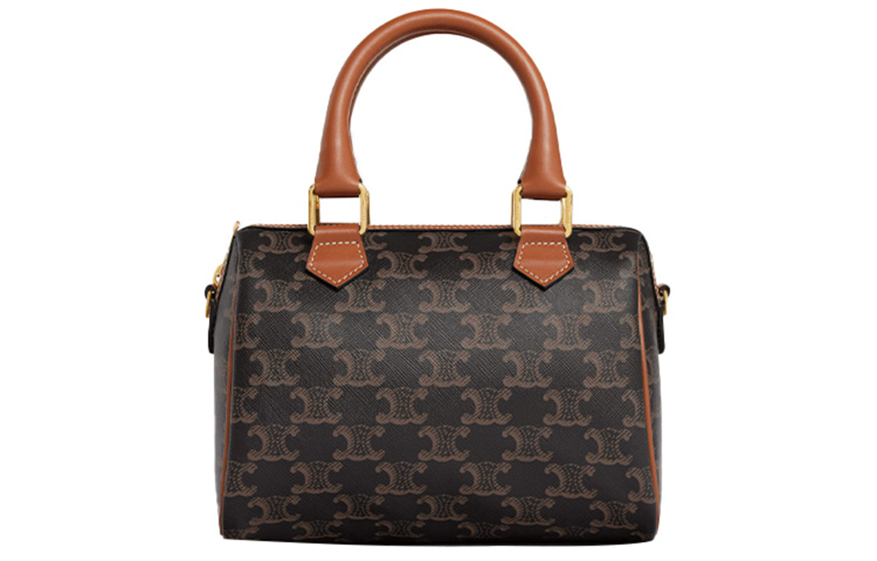 CELINE Cow Leather Boston Bag Shoulder Bag Crossbody Bag Handbag Small Size Women's Brown