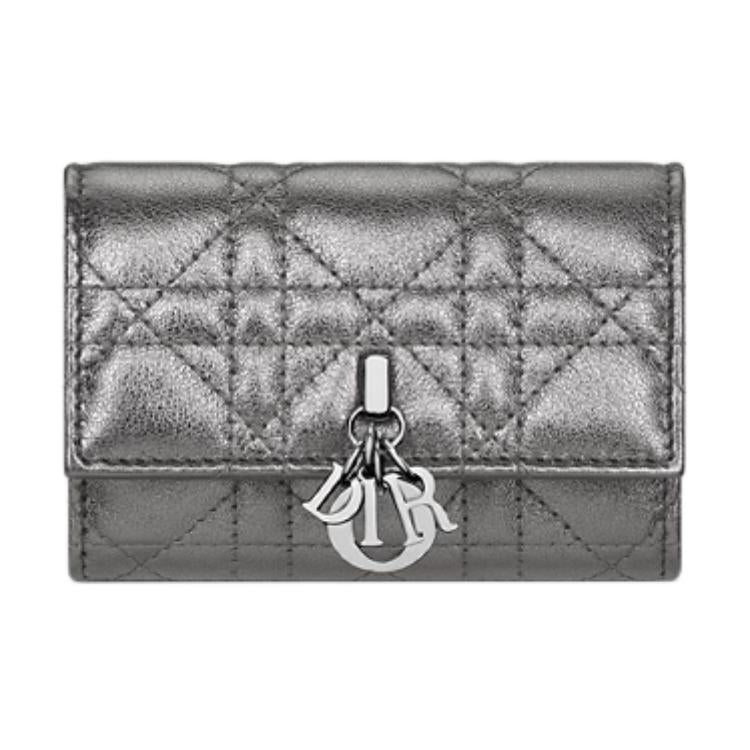 DIOR Wicker Pattern Calfskin Wallet Women's Metal Silver