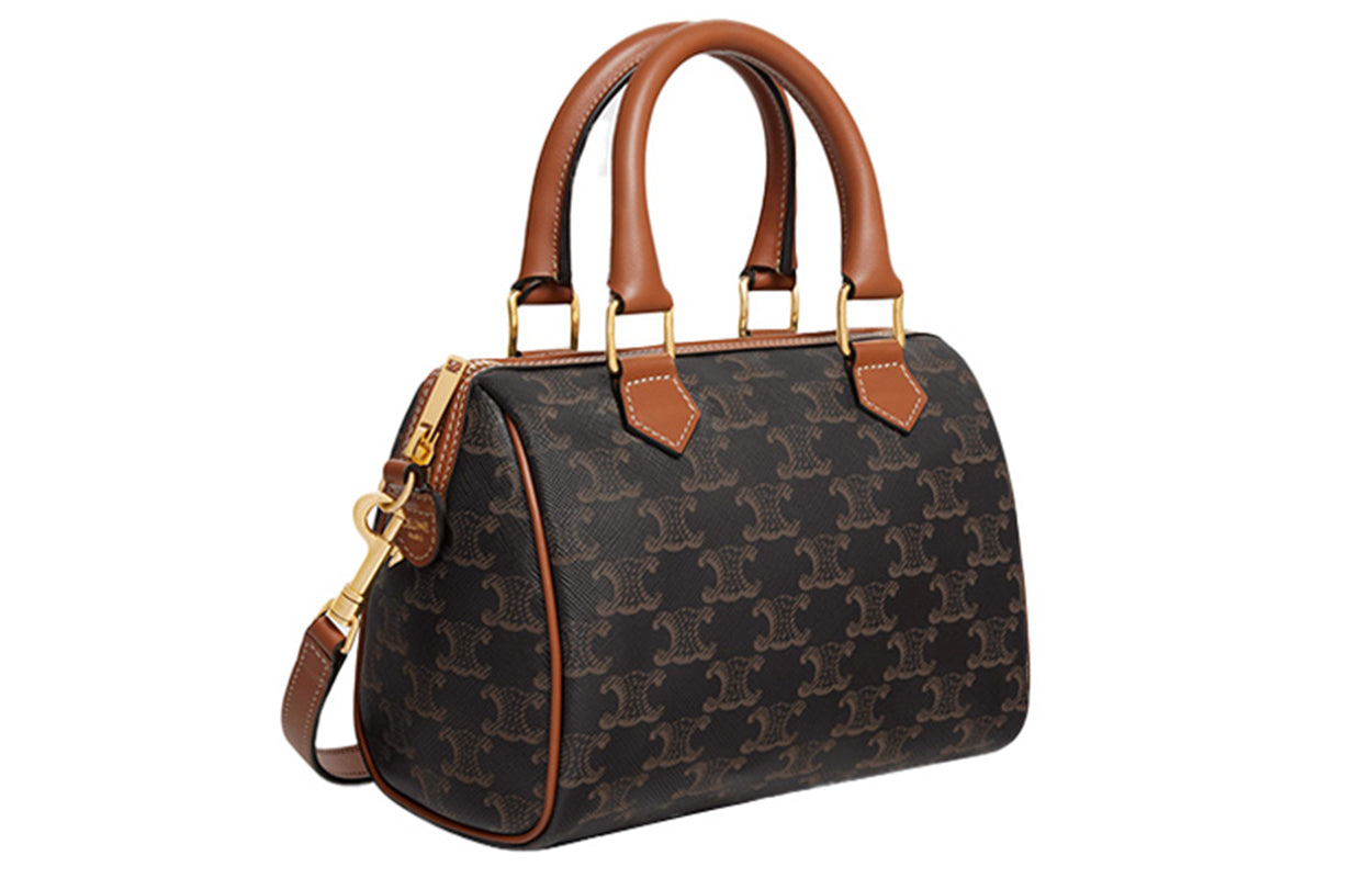 CELINE Cow Leather Boston Bag Shoulder Bag Crossbody Bag Handbag Small Size Women's Brown