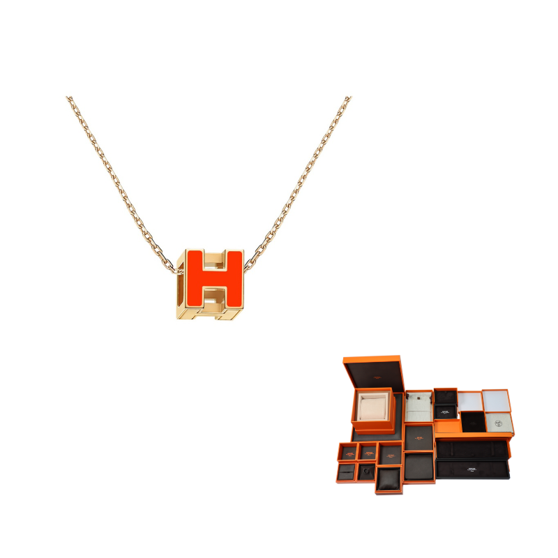 HERMES 20th Century Palladium Plated Cage DH Cube Necklace Costume Necklace