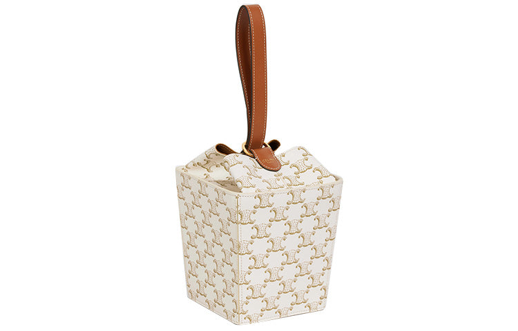 CELINE Cow Leather Binding Strap Box Handbag Popcorn Box Handbag Women's White
