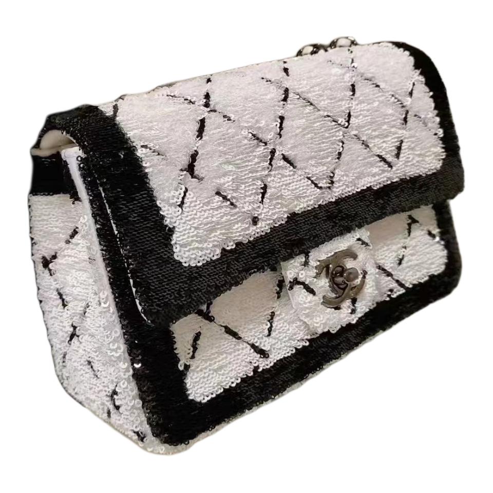 CHANEL Woven Tweed Shoulder Bag Crossbody Bag Handbag Small Size Women's Black & White