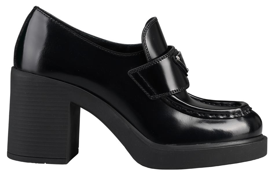 PRADA Chocolate High Heeled 85mm Loafers Black Brushed Leather Women's