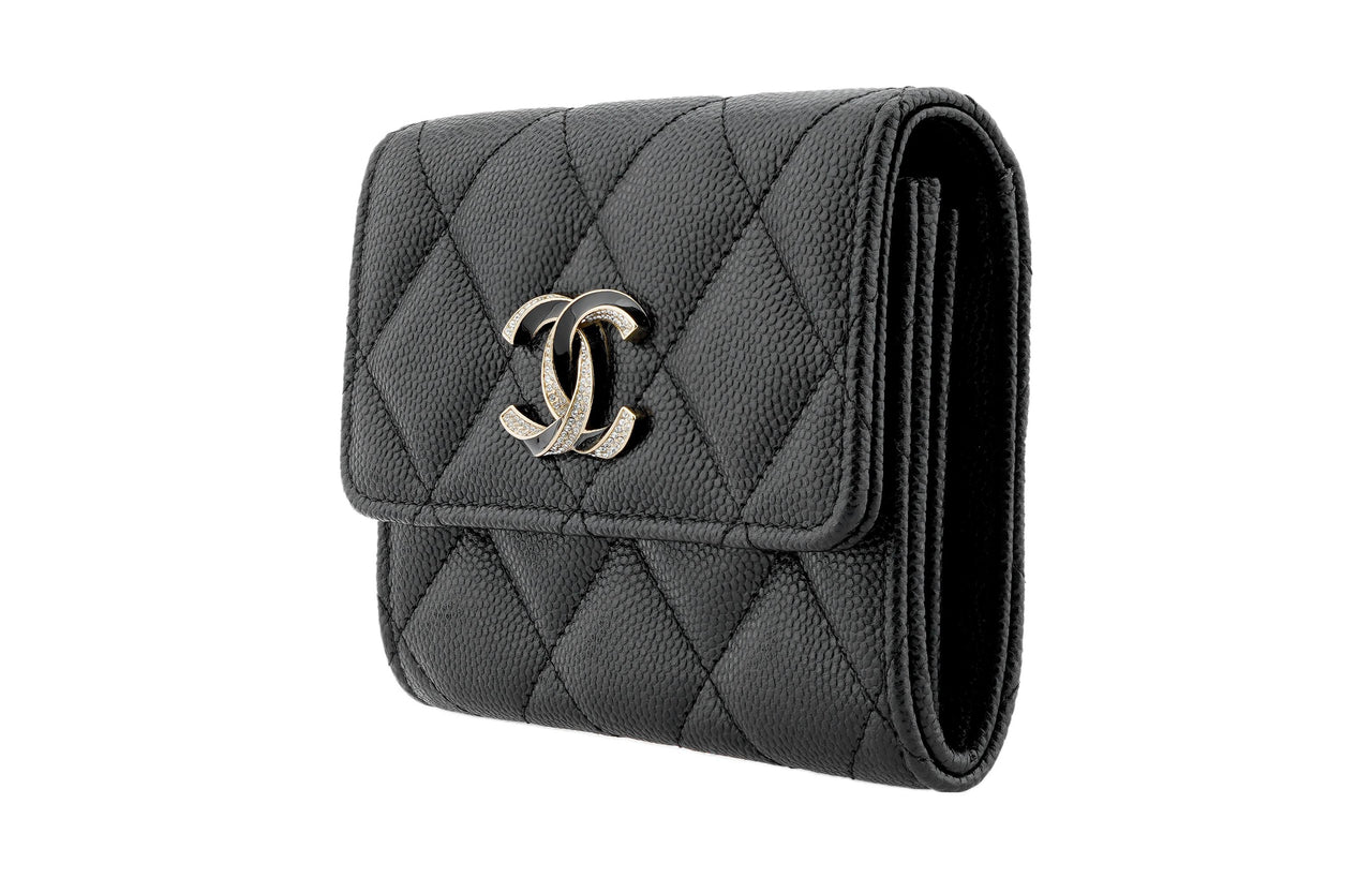 CHANEL Cow Leather Card Holder Coin Purse Women's Black
