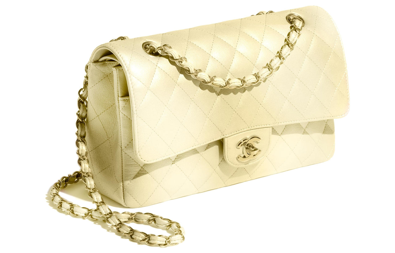 CHANEL Classic Flap CF Cloudy Pearly Goatskin Crossbody Bag, Shoulder Bag Regular Women's Light Yellow