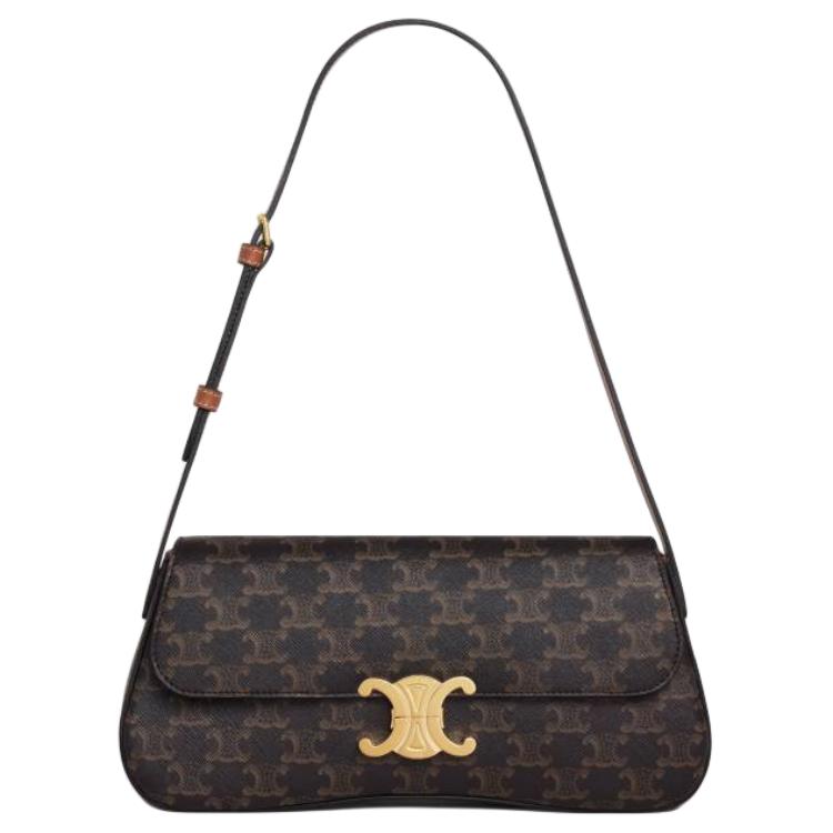 CELINE TRIOMPHE Canvas With Calfskin Shoulder Bag Crossbody Bag Handbag Medium Size Women's Brown