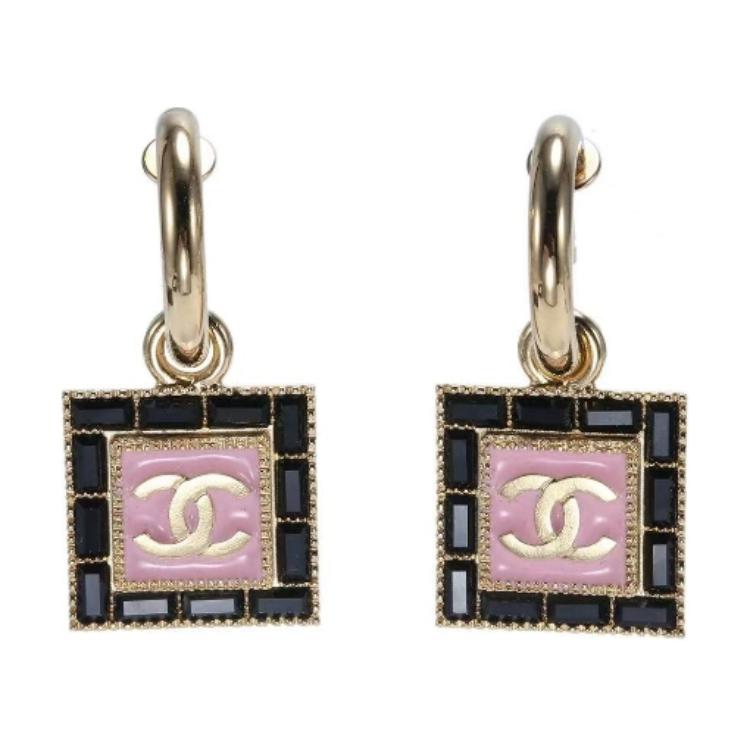 CHANEL Metal Rhinestone Resin Earrings Women's Black