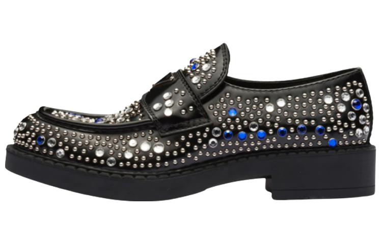 PRADA Rhinestone-embellished Brushed Leather Loafers