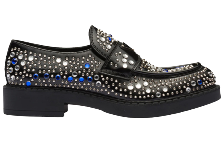 PRADA Rhinestone-embellished Brushed Leather Loafers