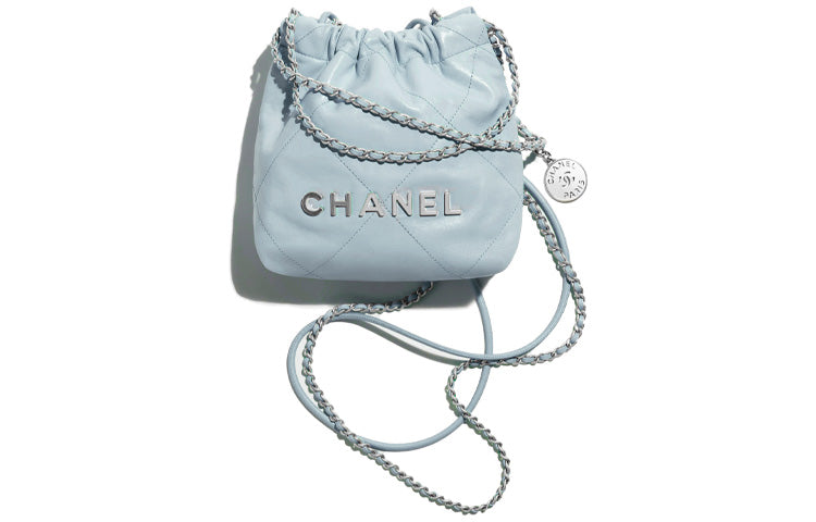 CHANEL 22Bag Shiny Calfskin Bucket Bags Shoulder Bag Crossbody Bag Mini Women's Cream Blue/Baby Blue