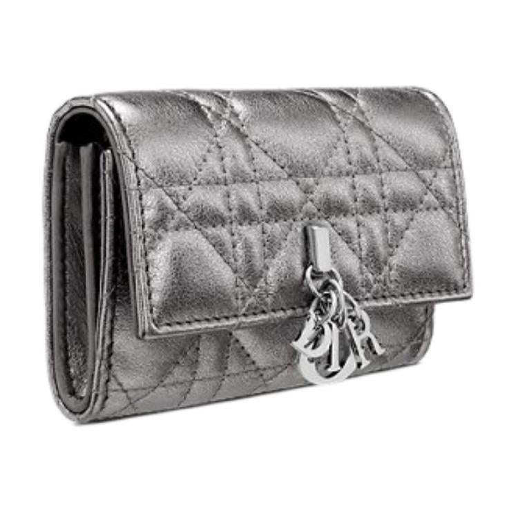 DIOR Wicker Pattern Calfskin Wallet Women's Metal Silver