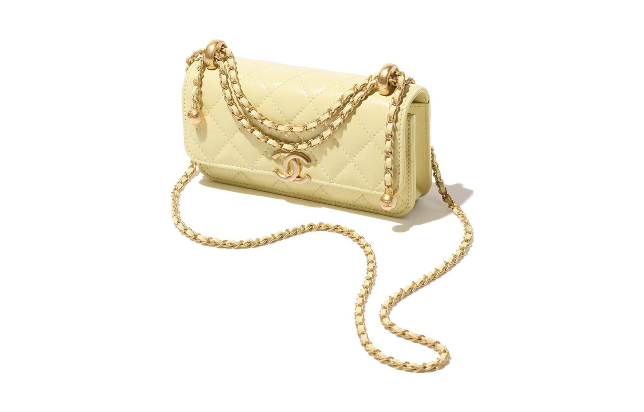 CHANEL Shiny Calfskin Flap Bag, One Shoulder Crossbody, Cell Phone Pouch Women's Yellow
