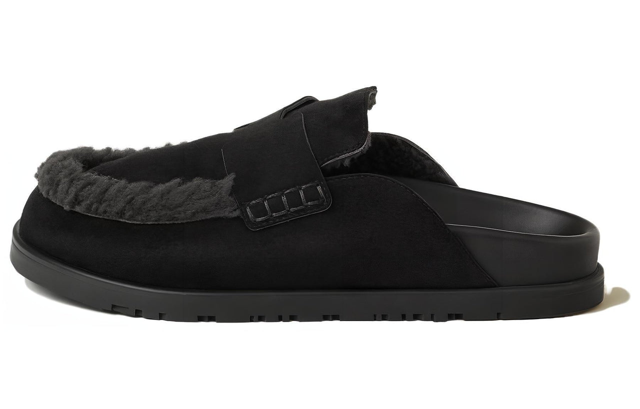 HERMES Genuine Leather Sole Wrap-toe Slippers Women's Black