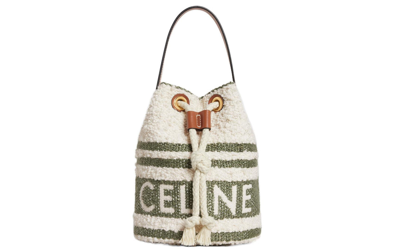 CELINE TEEN BUCKET Fabric Cow Leather Patchwork Bucket Bags Handbags Small Size Women's Khaki Green/Tan