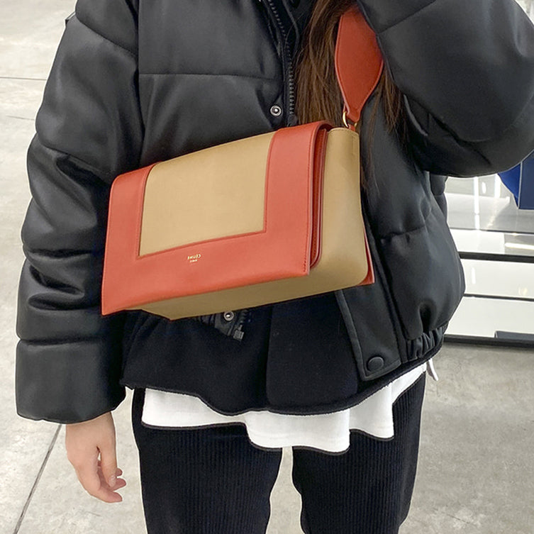 CELINE Frame Cow Leather Shoulder Bag Crossbody Bag Medium Size Women's Maple Leaves Are Red And Brown