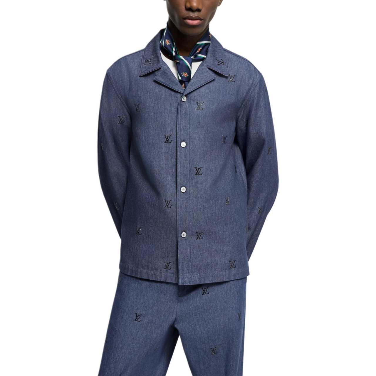 LOUIS VUITTON Lv Blason Embellished Denim Pajama Shirt