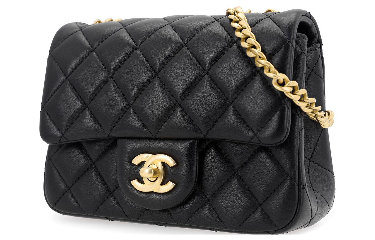 CHANEL Sheepskin Square Chubby Chain Bag Shoulder Bag Crossbody Bag Mini Women's Black