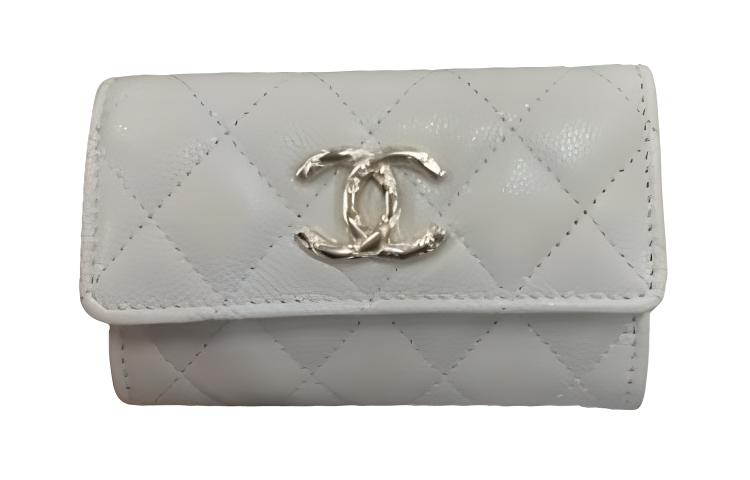 CHANEL Litchi Cow Leather Card Holder Women's Gray