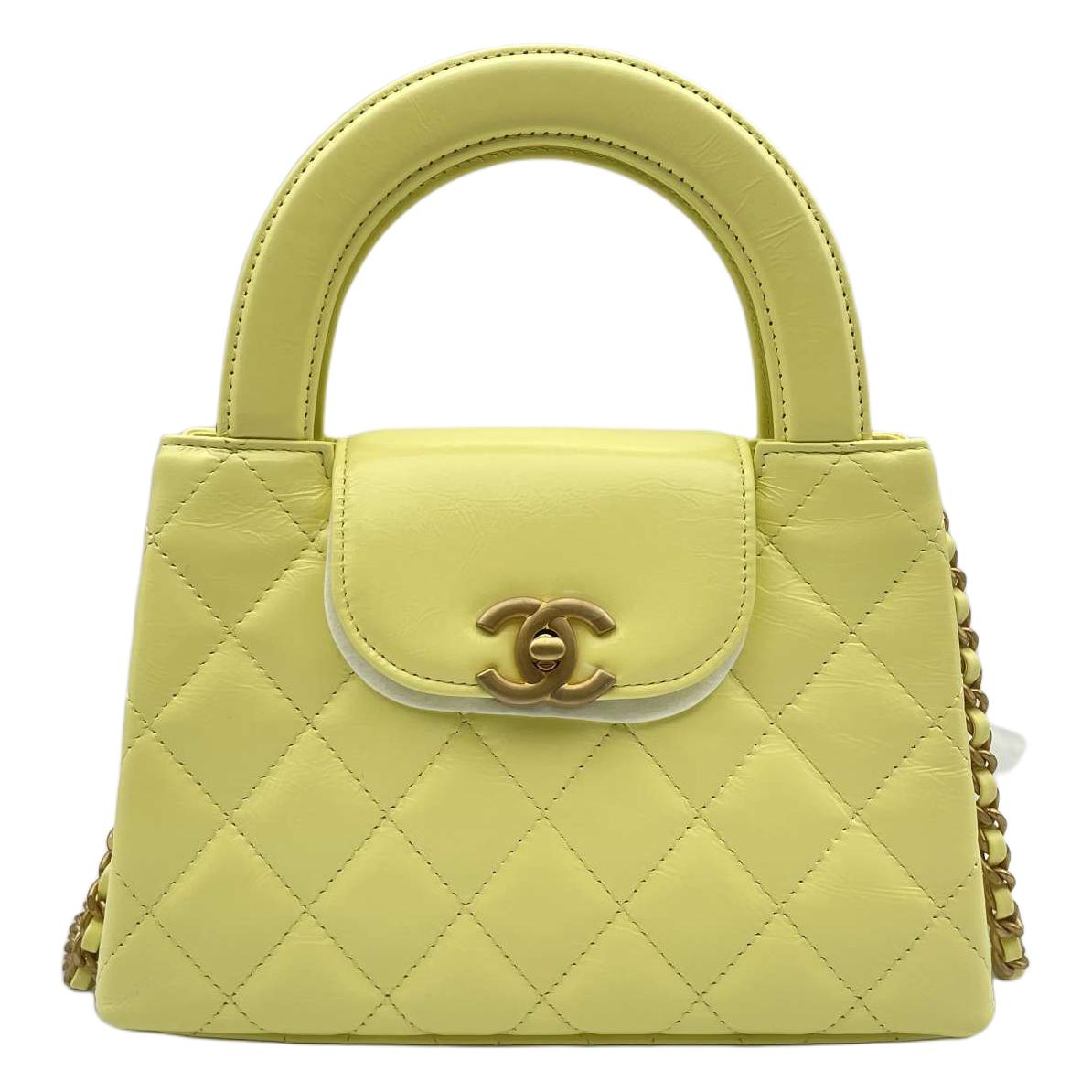 CHANEL Shiny Calfskin Shoulder Bag Crossbody Bag Handbag Mini Women's Yellow