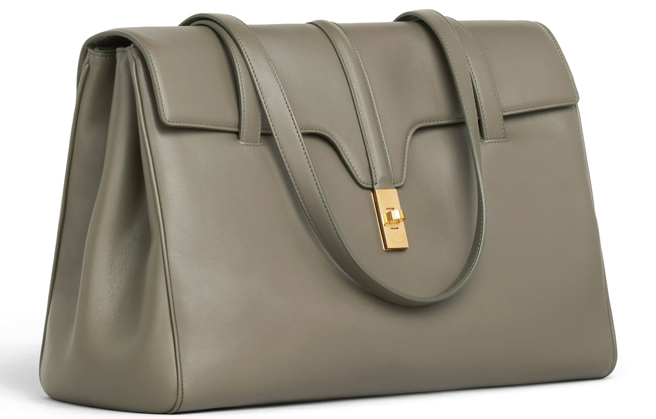 CELINE Cow Leather Handbag Large Size Women's Army Green