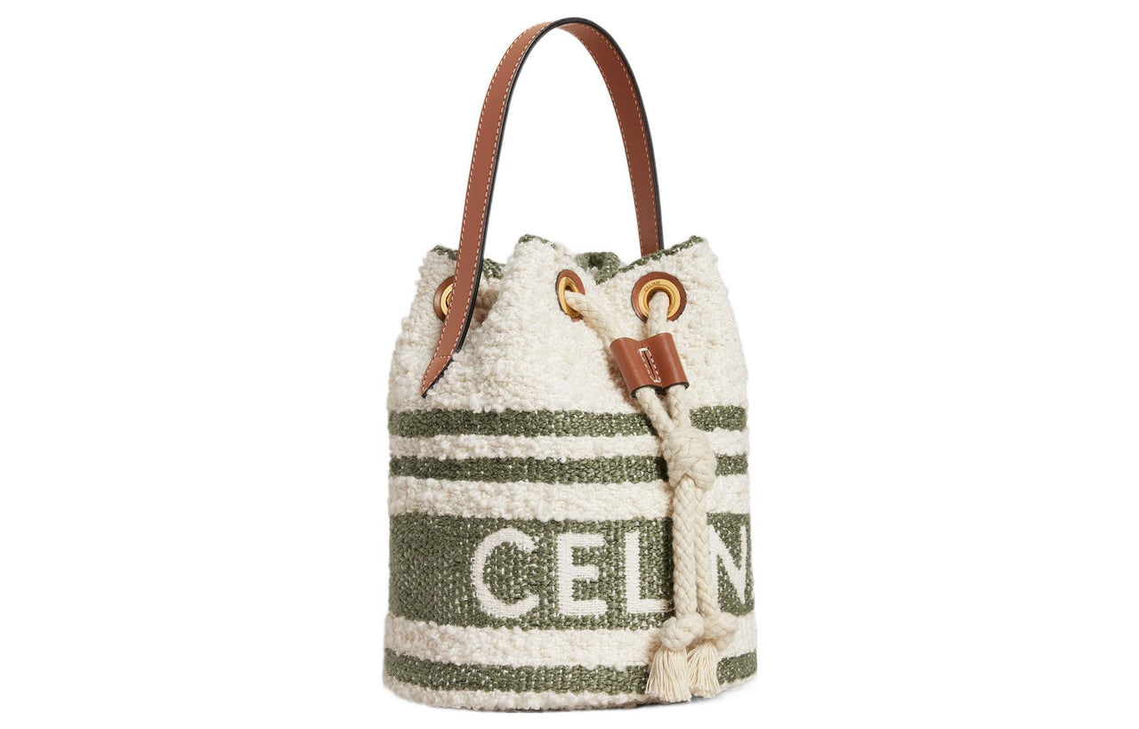 CELINE TEEN BUCKET Fabric Cow Leather Patchwork Bucket Bags Handbags Small Size Women's Khaki Green/Tan