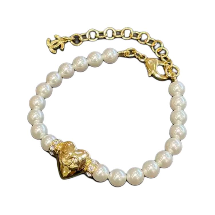 CHANEL Metal Artificial Pearl Rhinestone Bracelets Women's Gold