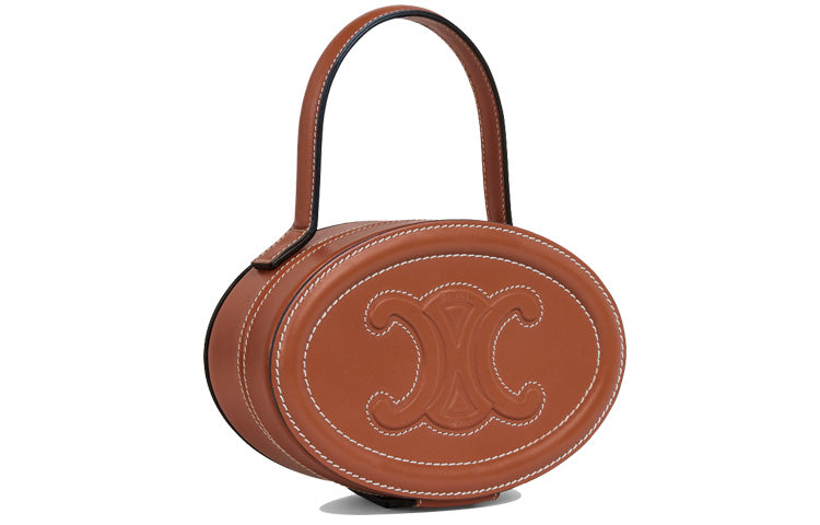 CELINE Cow Leather Makeup Bags Round Cake Pouch Handbags Regular Women's Tawny