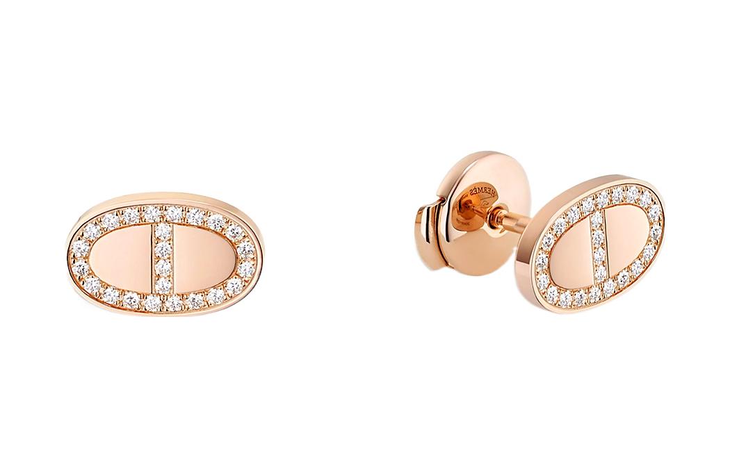 HERMES 2022 18K Rose Gold Chaine D'Ancre Contour Diamond Earrings