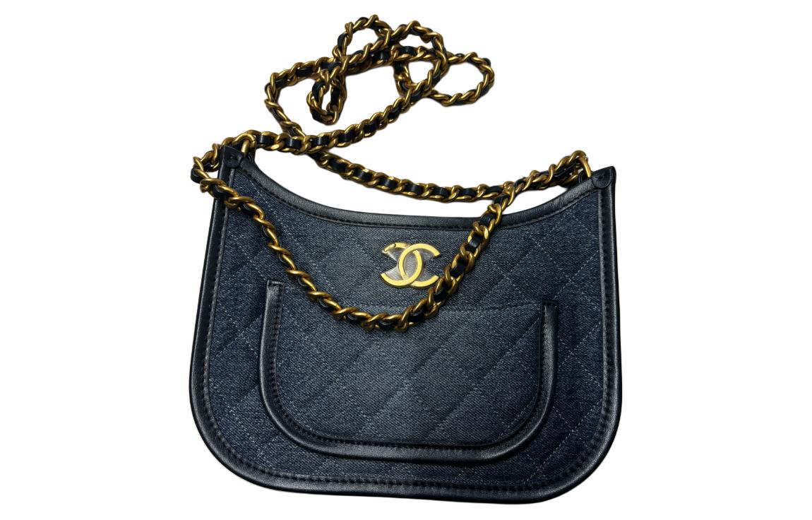 CHANEL Denim With Leather Crossbody Bag, Shoulder Bag Women's Blue