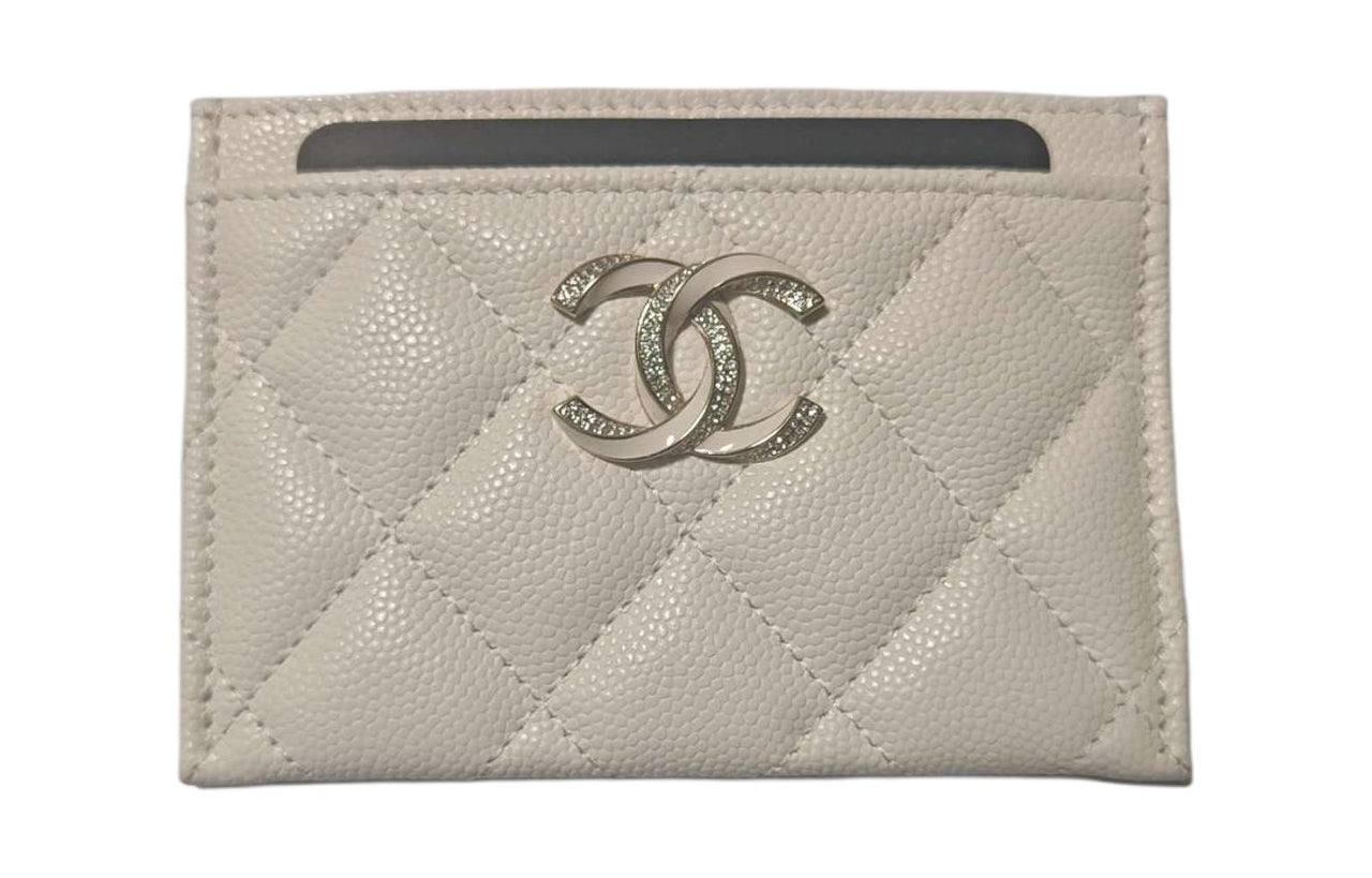 CHANEL Litchi Grain Cow Leather Card Holder Women's White