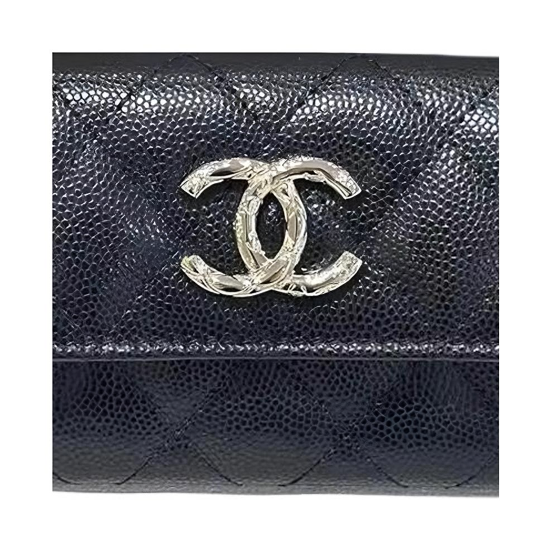 CHANEL Litchi Cow Leather Card Holder Unisex Black