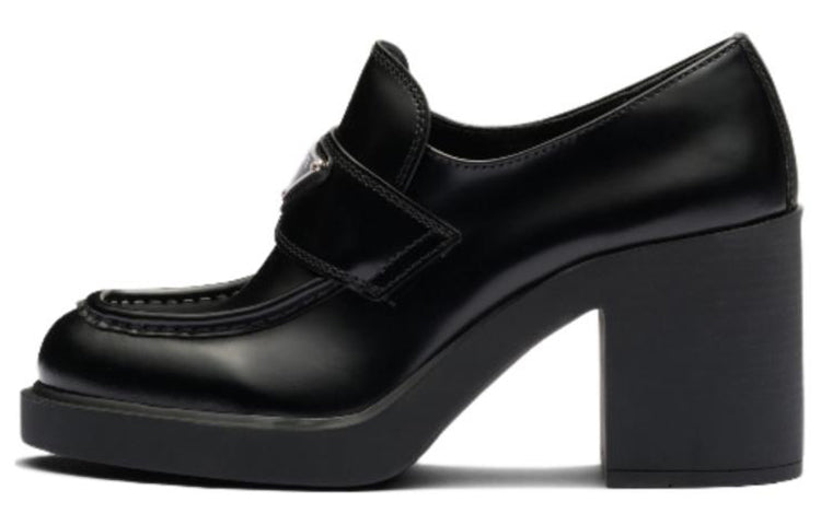 PRADA Chocolate High Heeled 85mm Loafers Black Brushed Leather Women's