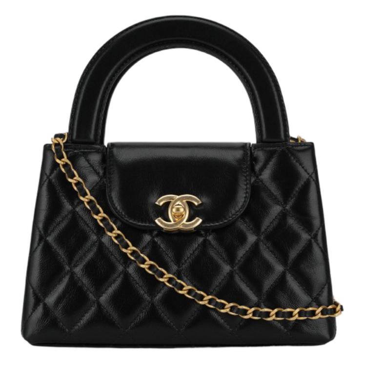 CHANEL Kelly Shiny Crumpled Calfskin Chain Mini Shopping Bag Women's Black