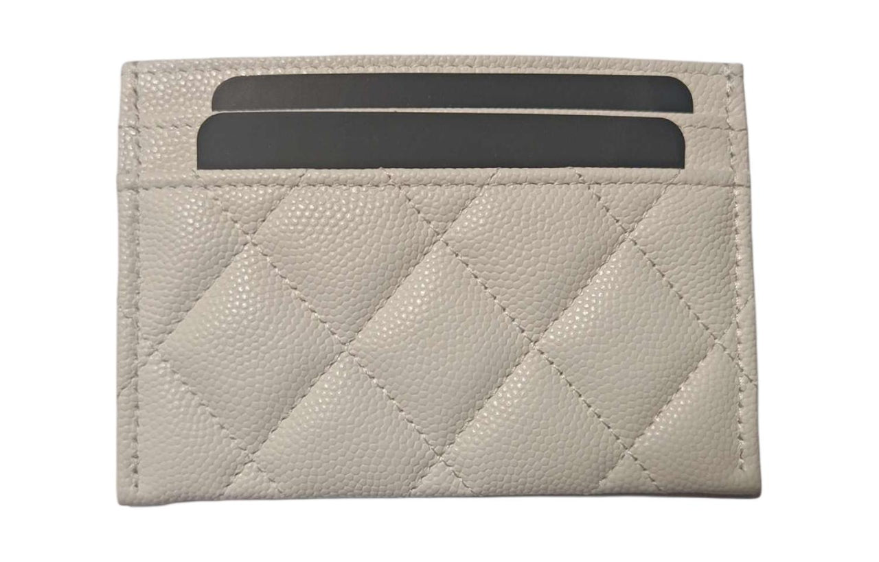 CHANEL Litchi Grain Cow Leather Card Holder Women's White