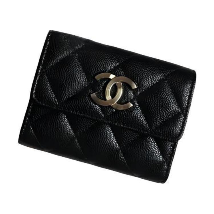 CHANEL Large Cc Logo Tri Fold Card Holder Black AP3141