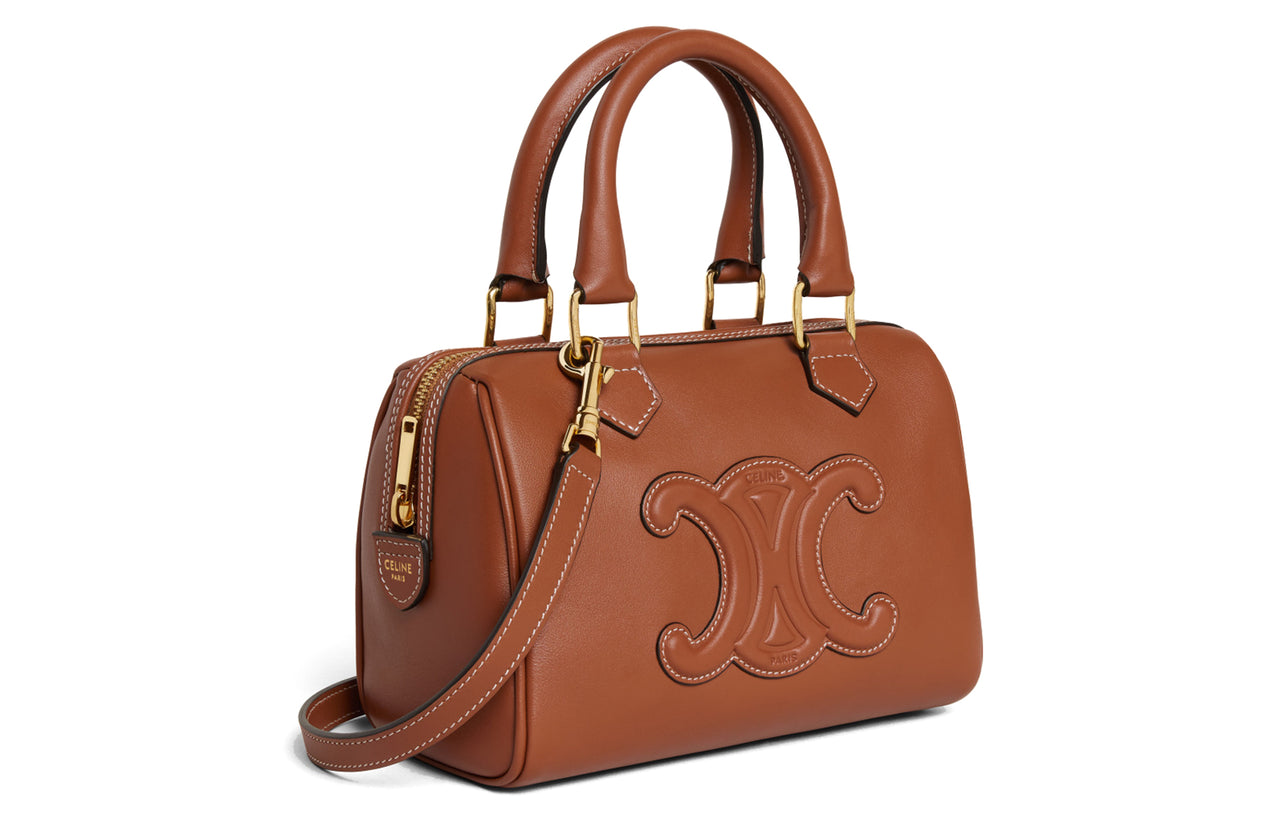 CELINE Triomphe Smooth Cow Leather Boston Bag Shoulder Bag Crossbody Bag Handbag Small Size Women's Tawny