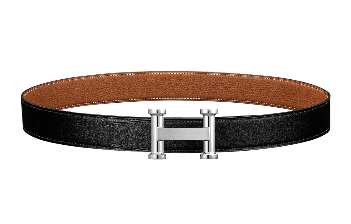 HERMES Agora Silver Buckle Togo Calfskin Double-Sided Leather Belt Unisex Black Width: 3.2cm