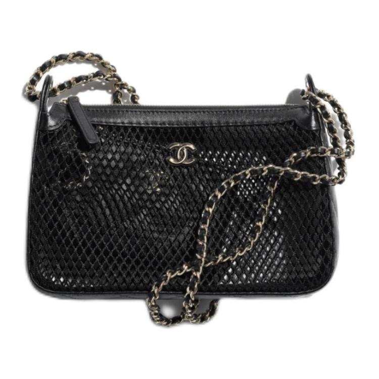CHANEL Fishnet With Bright Lambskin Clutch Shoulder Bag Women's Black