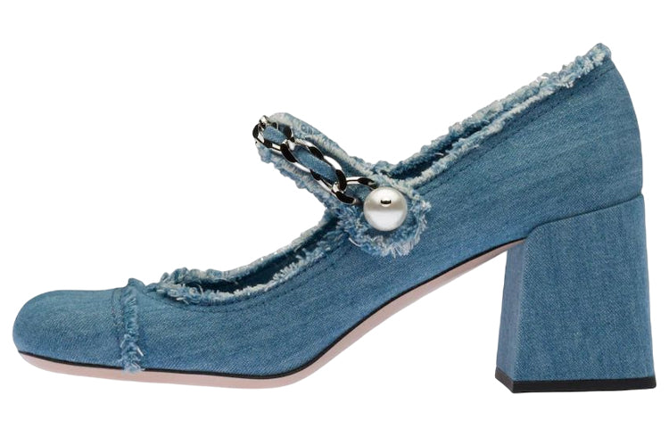 MIU MIU Chunky Heel High Heels 6.5cm Women's Denim Blue